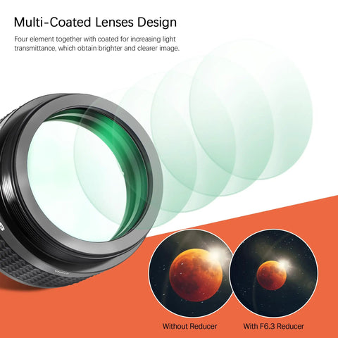 Lens design showcasing multi-coated Focal Reducer F6.3 For SCT Telescopes, 37 Percent Focal Length Reduction in use.