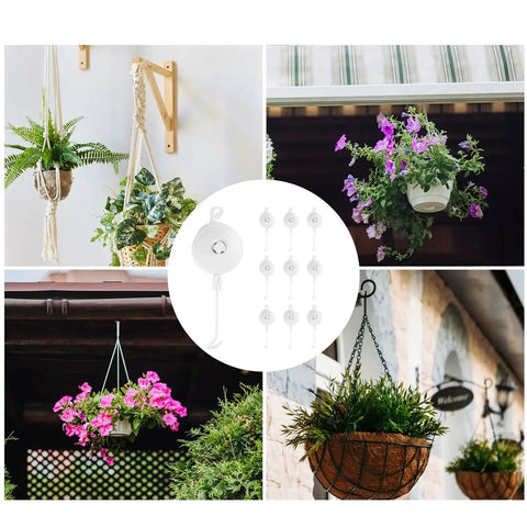 10 Piece Plant Hanger Set With Transparent Rope Adjustable Auto Tension Grow Supports For Tomatoes And Vining Plants Hydroponic Friendly No Fuss Height Control Durable Indoor Outdoor Garden Tool, showing hanging plants in various settings