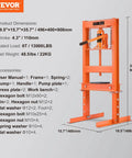 Heavy Duty 6 Ton H-Frame Hydraulic Shop Press For Garage Use with detailed dimensions and accessories listed.