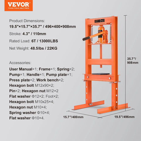 Heavy Duty 6 Ton H-Frame Hydraulic Shop Press For Garage Use with detailed dimensions and accessories listed.