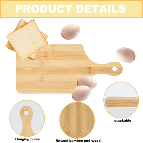 Front view of bamboo cutting board with handle; 11x5 in, natural bamboo, stackable with hanging hole