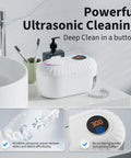 Automatic Denture Cleaner With Drain And Dry No Fuss, 45kHz Cleaning Machine for dentures and retainers on bathroom counter