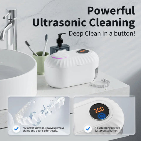 Automatic Denture Cleaner With Drain And Dry No Fuss, 45kHz Cleaning Machine for dentures and retainers on bathroom counter