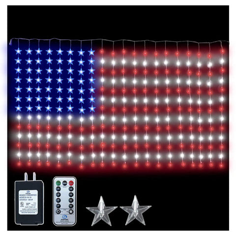 Patriotic Flag Curtain Lights With Stars 6 Ft By 3.5 Ft Outdoor Indoor Waterproof LED String Lights For Fourth Of July Parties 260 LEDs