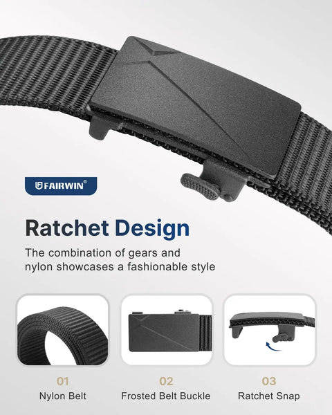 Nylon Ratchet Belt For Men With Adjustable Buckle, Durable Webbing Belt For Golf, Tactical And Casual Wear, Fits Waist 36 To 42 Inches, 49 Inch Length, Easy On And Off One Click Ratchet Buckle