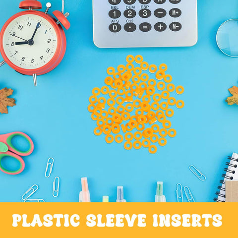 100 Pack Miniature Plastic Bushings and Axle Sleeves for Toy Vehicles, orange, displayed on a blue surface with office supplies.