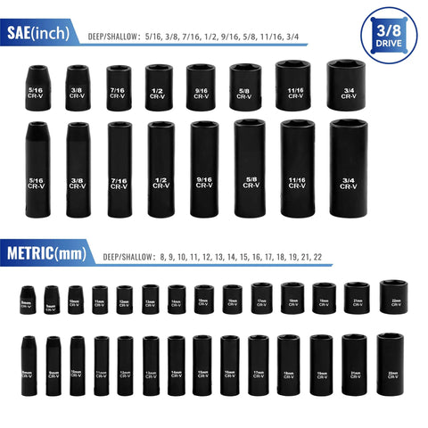 Beefy Heavy Duty 50 Piece Three Eighths Inch Drive Socket Set With SAE And Metric Sockets Deep And Shallow displayed.