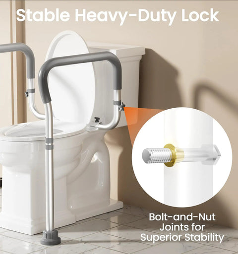 Rock Solid Aluminum Toilet Safety Handle For Seniors Supporting Up To Three Hundred Fifty Pounds With Easy Grip Install and Hella Stabilizing Assist Bar showing stable heavy-duty lock design and bolt-and-nut joints.