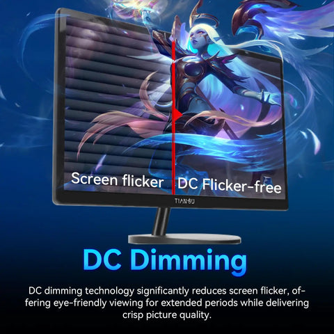 Front view of 22 Inch FHD IPS Monitor With 75 Hz Refresh Rate AMD FreeSync Stunning 99 Percent sRGB And Ninety Percent DCI P3 Color Gamut HDMI Two Point Zero VGA VESA For Gaming And Office showcasing DC dimming technology.