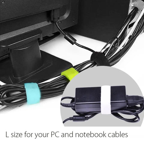 Twenty Pack Reusable Cable Organizer Ties for PC USB cables, assorted colors secure charger cords, minimal tangle, L size.