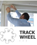 Person installing 25 Pack Sliding Door Rollers and Metal Track Wheels Kit for Folding Doors, Curtain Pulleys; wheels shown close-up