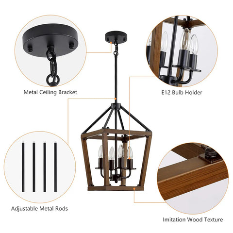 Rustic Farmhouse 4 Light Pendant Chandelier With Imitation Oak Wood Grain, Vintage Iron Lantern Design with details on parts and texture