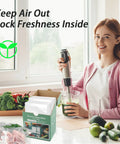 Woman using sous vide with Heavy Duty Vacuum Sealer Bags 6x8 Inches 50 Pcs Pre Cut Design Commercial Grade Food Safe shown on table.