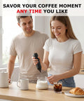 Woman using Rechargeable Handheld Milk Frother With USB C Charging in kitchen for coffee preparation