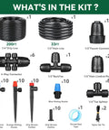 Components of All-In-One Drip Irrigation Kit With Quick Connect Tubing For Garden, Easy Install, including drip lines, emitters, connectors.