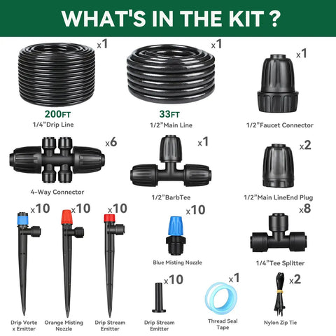 Components of All-In-One Drip Irrigation Kit With Quick Connect Tubing For Garden, Easy Install, including drip lines, emitters, connectors.