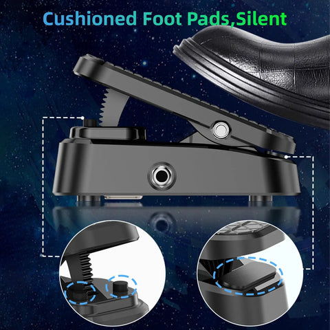 Close-up of Volume Expression Pedal 2 In 1 For Guitar Bass And Synth with silent cushioned foot pads and durable metal chassis.
