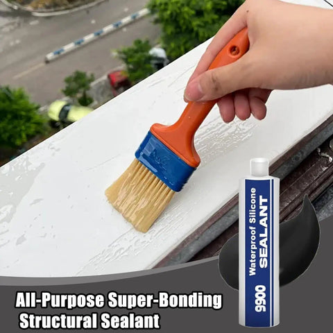 Applying Premium Heavy Duty Waterproof Sealant Adhesive With Advanced Polymer Tech with a brush on outdoor surface.