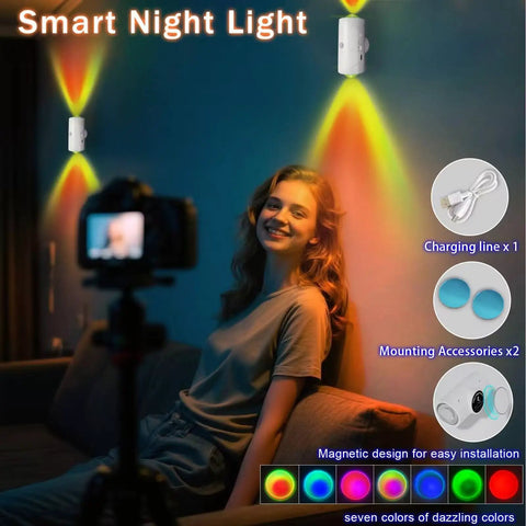 No Fuss Rechargeable Motion Sensor Lights Indoor With Magnetic Rgb Wall Sconces Auto On Off Night Light For Closets Hallways And Steps Plug And Play Vibe Sweet No Sweat Setup 2 Pack Solid Build shown with a smiling woman using colored LEDs.