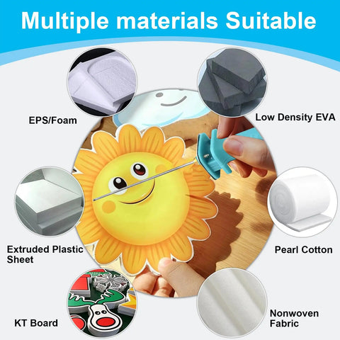 Hands using 30W Foam Cutter Pen Kit with 15cm Hot Wire Power Adapter to cut styrofoam sun shape; suitable for various materials.