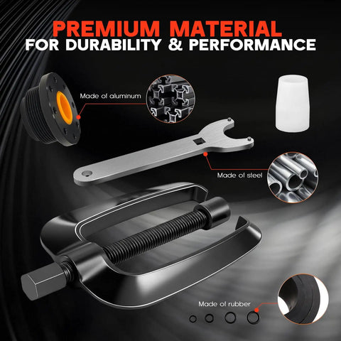 Front Mount Hydraulic Steering Seal Kit with Pin Wrench and Support Bracket Puller components and materials.