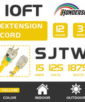Weatherproof Indoor Outdoor Power Cord 10Ft Lighted End 12 Gauge Heavy Duty, yellow 12/3 SJTW, 3-prong plug, product details
