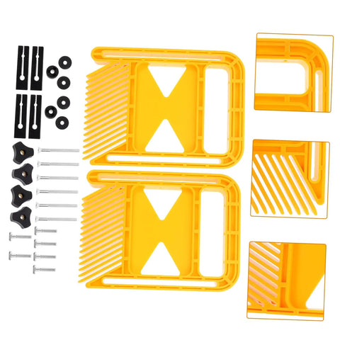 Premium Woodworking Featherboard With Ergonomic Knobs For Table Saws And Band Saws with adjustable clamps and accessories in yellow.