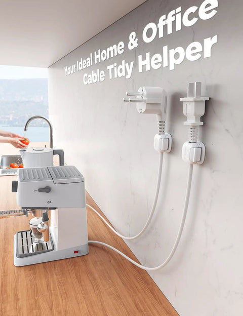 Dual Spring Cord Clips Pack No Slip Adhesive Cable Organizer For Chargers And Wires Keeps Cords Locked On Nightstand Wall Or Car Easy Install Wire Holder For Desk Home Office And Decor, installed on a kitchen wall holding white cables.