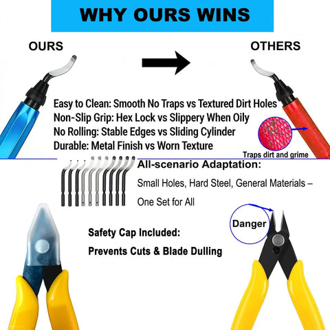Front view of a 3D print deburring tool set with blue handle, 11 blades, 5 needle files, 1 micro wire cutter, and safety cap.