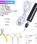 Dope Electric Jewelry Drill Kit With 74 Piece Set Including Mini Hand Drill 3 Jaw Chuck Wrench Pliers 10 Drill Bits 50 Screw Eye Pins 10 Keychains With Jump Rings For Resin Jewelry And Plastic Crafting shown with USB cable, pliers, keychains, and drill bits.