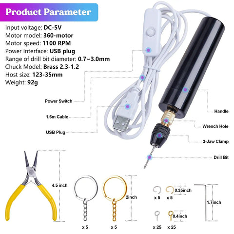 Dope Electric Jewelry Drill Kit With 74 Piece Set Including Mini Hand Drill 3 Jaw Chuck Wrench Pliers 10 Drill Bits 50 Screw Eye Pins 10 Keychains With Jump Rings For Resin Jewelry And Plastic Crafting shown with USB cable, pliers, keychains, and drill bits.