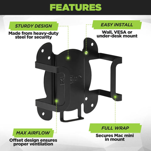 Kick Clutter To The Curb With This Rock Solid Mac Mini M4 Mount Featuring An Under Desk Bracket And Vesa Monitor Arm For Clean Home Office Setup Plus Optimal Airflow Cooling And Full Hardware, sturdy black steel design.