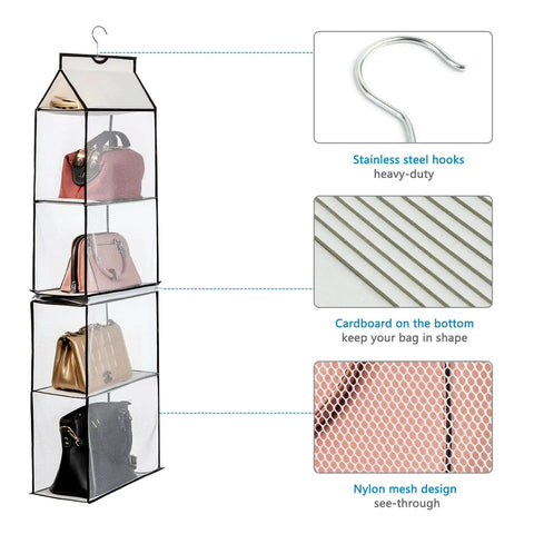 Casual Hanging Purse Organizer For Closet With Four Mesh Shelves Two Pack showing nylon mesh and steel hooks