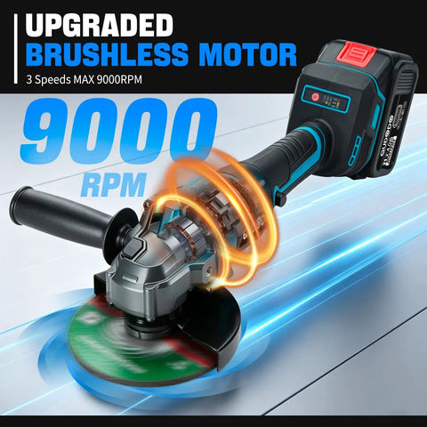 Cordless Four And A Half Inch Brushless Angle Grinder With Dual 4Ah Batteries And Charger, Nine Thousand RPM, in action