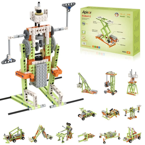 14 In 1 STEM Building Kit For Kids Ages 8 To 12 With 218 Pieces And Motor Electric Educational Construction Science Toys For Learning DIY Projects Awesome Gift For Christmas Or Birthday showing assembled models and box.