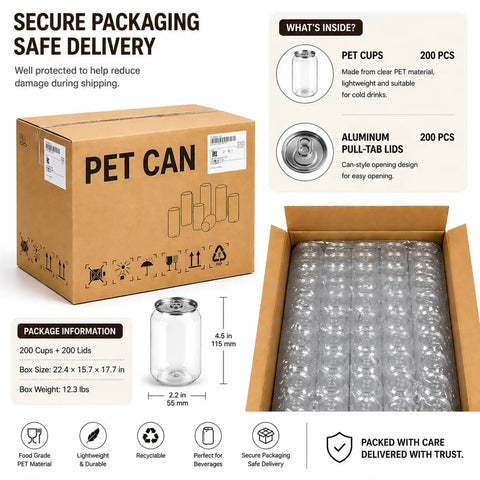 Clear 11oz Plastic Can Cups With Aluminum Lids For Automatic Seaming Machine, 200 Pack PET Beverage Cans packaging