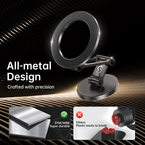 All Metal MagSafe Car Mount For Dashboard And Tesla Screen, showing all-metal design with 360-degree rotation and strong magnets.