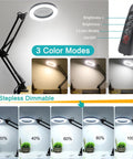 10X LED Magnifying Lamp with Light and Stand, Three Color Modes, Stepless Brightness, four magnetic third hand soldering tools, remote, demo of dimming light.