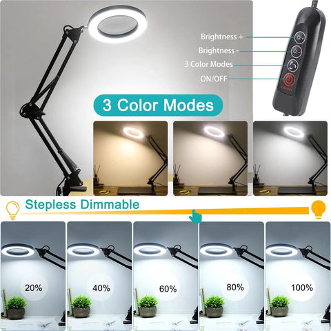 10X LED Magnifying Lamp with Light and Stand, Three Color Modes, Stepless Brightness, four magnetic third hand soldering tools, remote, demo of dimming light.