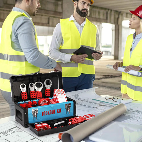 Lockout Tagout Kit For Electrical Safety That Is A Must Have For Job Sites With 68 Piece Set Including Clamp On Circuit Breaker Locks visible