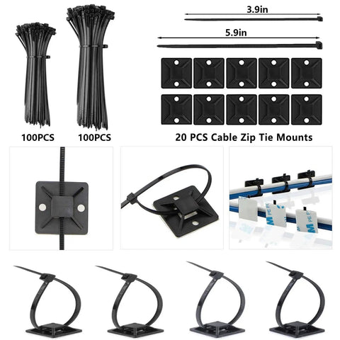 327 Piece Cable Management Kit with cable ties and zip tie mounts for computer desk, home office, TV setup, DIY cable cleanup.