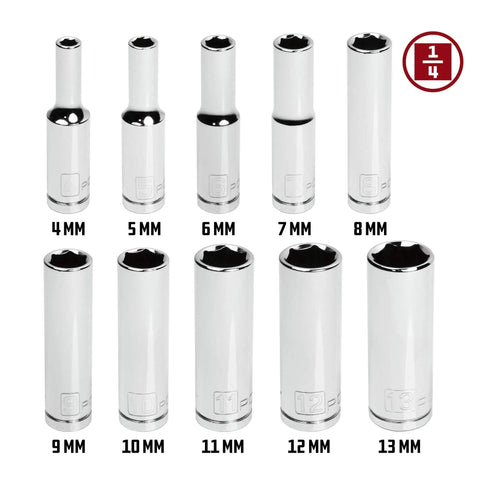 One Quarter Inch Drive Metric Deep Socket Set Featuring 6 Point Z Drive Sockets For Maximum Fastener Grip Chrome Vanadium Steel Construction Includes 4 5 6 7 8 9 10 11 12 13 MM ANSI Certified Durable Pro Grade Tool Kit showing 10 chrome vanadium sockets