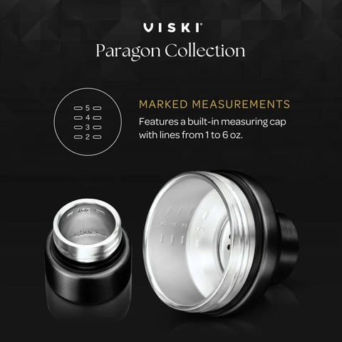 Paragon Vacuum Insulated Cocktail Shaker With Built In Strainer showing measuring cap with lines from 1 to 6 oz