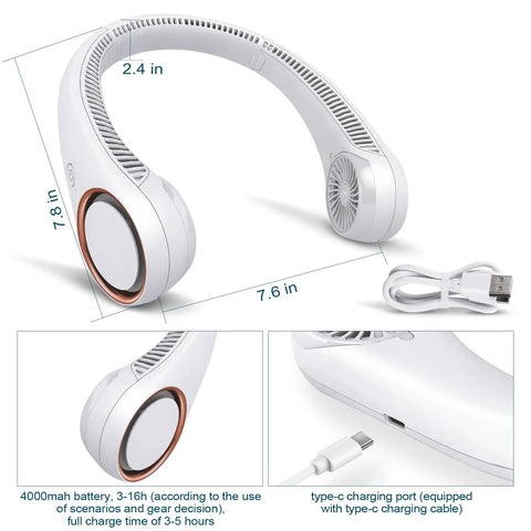 Portable Neck Cooling Fan With Three Speeds Bladeless Hands Free Wearable Design USB Rechargeable 4000mAh Battery in white color