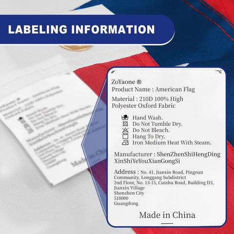 Labeling information on 3x5 Ft Heavy Duty Outdoor American Flag Deluxe Spun Polyester Waterproof UV Resistant Embroidered Stars