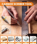 Carbide scribe tool in use on wood, showcasing precision marking for carpentry. Job Site Ready And No Nonsense Carpentry Marking Kit Featuring A Kick-Ass Tool Bundle With Color Coded Refills Precision Scribe Center Punch And Heavy Duty Pencils For Skilled Craftsmen.