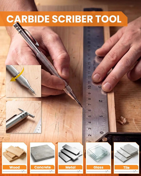 Carbide scribe tool in use on wood, showcasing precision marking for carpentry. Job Site Ready And No Nonsense Carpentry Marking Kit Featuring A Kick-Ass Tool Bundle With Color Coded Refills Precision Scribe Center Punch And Heavy Duty Pencils For Skilled Craftsmen.