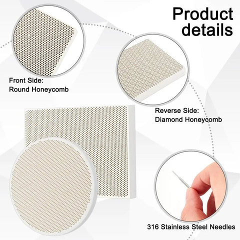 Product details of Honeycomb Ceramic Soldering Boards Set With 2 Round And Rectangle Boards And 20 Stainless Steel Needles For DIY Jewelry Making Melting And Casting Gold Tools showing board sides and needle close-up.