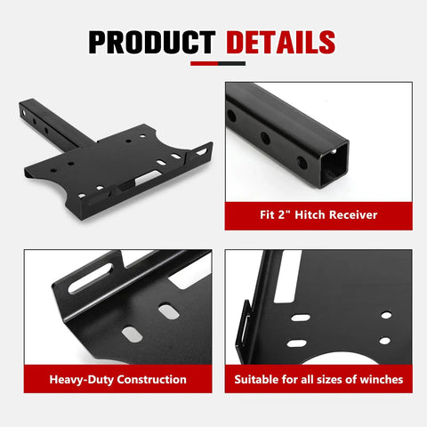 Universal 2 Inch Receiver Winch Mount Plate For ATV UTV Truck And Trailer showing hitch cradle and heavy-duty construction