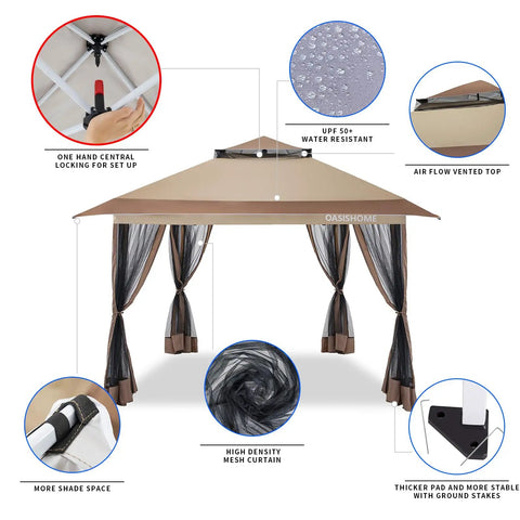 Pop Up Gazebo Canopy Tent 12x12 Portable Instant Setup With One Push Locking System Four Mesh Sidewalls Wheeled Carry Bag Durable Steel Frame
